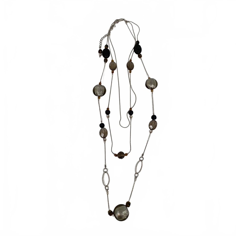 Silver Brown Necklace Layered Beaded Chain